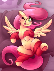 Size: 3081x4042 | Tagged: safe, artist:graphene, character:fluttershy, species:pegasus, species:pony, friendship is magic: rainbow roadtrip, g4, my little pony: friendship is magic, bed, belly button, blanket, clothing, cute, female, frog (hoof), grin, hooves, human shoulders, leggings, mare, on back, one eye closed, pillow, shyabetes, smiling, solo, underhoof, wink