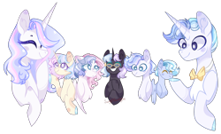 Size: 2458x1482 | Tagged: safe, artist:manella-art, oc, oc only, species:pegasus, species:pony, species:unicorn, bow tie, chest fluff, colt, eyes closed, female, filly, hair over one eye, male, mare, pegasus oc, stallion, unicorn oc