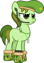 Size: 4319x6184 | Tagged: safe, artist:n0kkun, oc, oc only, oc:commando goer, species:earth pony, species:pony, absurd resolution, beret, blank flank, boots, clothing, dog tags, ear piercing, earpiece, earring, female, freckles, hat, jewelry, mare, piercing, shoes, simple background, solo, transparent background, watch, wristwatch