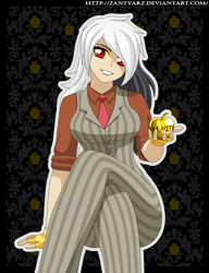 Size: 1000x1300 | Tagged: safe, artist:zantyarz, character:discord, oc:eris, species:human, apple, busty eris, clothing, fingerless gloves, gloves, golden apple, humanized, looking at you, necktie, rule 63, sitting, smiling, solo, suit