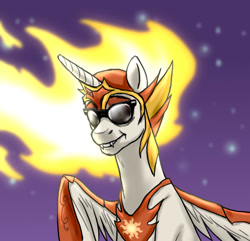 Size: 1000x962 | Tagged: safe, artist:not-ordinary-pony, derpibooru original, character:daybreaker, character:princess celestia, species:alicorn, species:pony, female, mane of fire, mare, reference, smiling, solo, sunglasses
