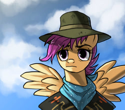 Size: 1000x884 | Tagged: safe, artist:not-ordinary-pony, derpibooru original, character:scootaloo, species:pegasus, species:pony, back to the future, clothing, crossover, female, hat, mare, reference, scootaloo is not a chicken, sky, solo, spread wings, wings