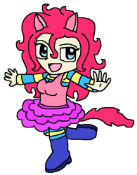 Size: 447x573 | Tagged: safe, artist:logan jones, character:pinkie pie, species:human, anime, boots, breasts, clothing, eared humanization, female, humanized, kneesocks, pony ears, shirt, shoes, simple background, skirt, socks, solo, striped socks, sweater, tailed humanization, tank top, undershirt, white background