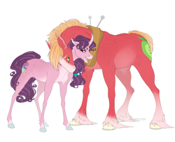 Size: 1600x1300 | Tagged: safe, artist:dementra369, character:big mcintosh, character:sugar belle, species:earth pony, species:pony, species:unicorn, ship:sugarmac, blaze (coat marking), body freckles, curved horn, cute, cutie mark, female, freckles, horn, looking at each other, macabetes, male, mare, neck nuzzle, open mouth, pale belly, shipping, simple background, smiling, stallion, straight, sugarbetes, unshorn fetlocks, white background