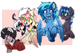 Size: 4200x3123 | Tagged: safe, artist:annakitsun3, oc, oc only, oc:berry limeade, oc:fever dream, oc:idle thoughts, oc:lock down, oc:umami stale, species:bat pony, species:pegasus, species:pony, species:unicorn, afro, cloven hooves, simple background, sweatshirt, transparent background