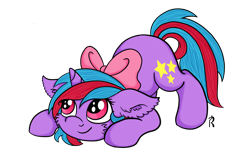 Size: 3000x1920 | Tagged: safe, artist:dawn-designs-art, oc, oc:cosmic spark, species:pony, species:unicorn, adorable face, blue mane, bow, crouching, cute, fluffy, pink eyes, pounce, purple coat, red mane, solo