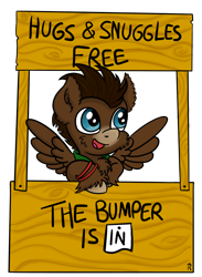 Size: 1314x1799 | Tagged: safe, artist:dawn-designs-art, oc, oc:bumper, species:pegasus, species:pony, adorable face, blue eyes, booth, brown coat, brown mane, chest fluff, cute, fluffy, free hugs, lucy's advice booth, male, stallion, unshorn fetlocks