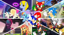 Size: 4202x2314 | Tagged: safe, artist:trungtranhaitrung, character:rainbow dash, character:songbird serenade, character:sonic the hedgehog, character:sunset shimmer, character:tempest shadow, character:twilight sparkle, character:twilight sparkle (alicorn), oc, oc:delta brony, species:alicorn, species:pegasus, species:pony, species:unicorn, species:wolf, g4, my little pony: equestria girls, my little pony: the movie (2017), my little pony:equestria girls, alicorn oc, broken horn, classic sonic, crossover, echidna, female, gadget the wolf, geode of empathy, hedgehog, horn, infinite (character), jackal, knuckles the echidna, magical geodes, male, mare, phantom ruby, sega, shadow the hedgehog, sonic forces, sonic the hedgehog (series), stallion, video game, zavok
