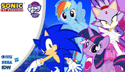 Size: 2185x1266 | Tagged: safe, artist:trungtranhaitrung, character:rainbow dash, character:sonic the hedgehog, character:twilight sparkle, character:twilight sparkle (alicorn), species:alicorn, species:pegasus, species:pony, blaze the cat, cat, crossover, female, hedgehog, logo, male, mare, my little pony logo, sega, sonic the hedgehog (series), video game