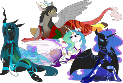 Size: 2531x1712 | Tagged: safe, artist:mythpony, character:nightmare moon, character:princess celestia, character:princess luna, character:queen chrysalis, oc, oc:shawn, oc:shawnette, species:alicorn, species:changeling, species:draconequus, species:pony, belly dancer, changeling queen, clothing, digital art, draconequus oc, female, harem, harem outfit, mare, rule 63, simple background, transparent background