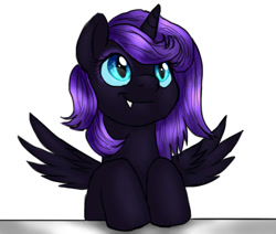 Size: 1000x848 | Tagged: safe, artist:not-ordinary-pony, derpibooru original, oc, oc only, oc:nyx, species:alicorn, species:pony, alicorn oc, cute, cute little fangs, fangs, female, filly, simple background, solo, spread wings, white background, wings