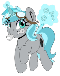 Size: 3152x4000 | Tagged: safe, artist:partylikeanartist, oc, oc:rym, species:pony, species:unicorn, bolts, goggles, looking away, nuts, safety goggles, smiling, solo, wrench