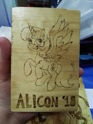 Size: 439x585 | Tagged: safe, artist:dawn-designs-art, artist:sapphire-burns-art, oc, oc:spheres, species:alicorn, species:pony, convention mascots, convention:alicon, mascot, photo, pyrography, solo, traditional art