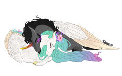 Size: 1280x800 | Tagged: safe, artist:dementra369, character:king sombra, character:princess celestia, species:alicorn, species:pony, species:unicorn, ship:celestibra, cloven hooves, couple, crystal horn, female, flower, flower in hair, horn, hug, long hair, looking at each other, male, mare, neck nuzzle, shipping, simple background, smiling, stallion, straight, white background