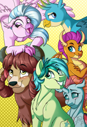 Size: 2393x3500 | Tagged: safe, artist:jack-pie, character:gallus, character:ocellus, character:sandbar, character:silverstream, character:smolder, character:yona, species:changeling, species:dragon, species:earth pony, species:griffon, species:hippogriff, species:pony, species:reformed changeling, species:yak, blushing, chest fluff, crossed arms, cute, cutie mark, diaocelles, diastreamies, female, gallabetes, grin, looking at you, male, sandabetes, smiling, smolderbetes, student six, yonadorable