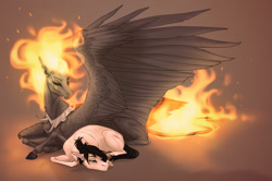 Size: 1280x848 | Tagged: safe, artist:dementra369, oc, oc only, oc:ruby drop, species:earth pony, species:pegasus, species:pony, black sclera, collar, couple, demon, female, gradient background, lying down, mane on fire, mare, prone, spiked collar, spread wings, wings