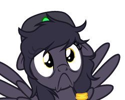 Size: 900x724 | Tagged: safe, artist:rioshi, artist:starshade, base used, oc, oc only, oc:mir, species:pegasus, species:pony, :c, bags under eyes, beret, clothing, female, floppy ears, frown, hat, scared, simple background, solo, transparent background, wings, ych result