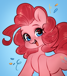 Size: 1442x1632 | Tagged: safe, artist:aphphphphp, character:pinkie pie, species:earth pony, species:pony, blue background, confetti, cute, diapinkes, ear fluff, female, gradient background, leg fluff, mare, open mouth, solo