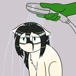 Size: 1000x1000 | Tagged: safe, artist:scraggleman, oc, oc:anon, oc:floor bored, species:earth pony, species:pony, bags under eyes, bathing, chest fluff, forced bathing, frown, sad, shower, simple background, water, wet mane