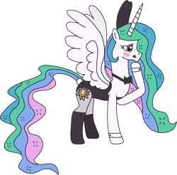 Size: 1957x1925 | Tagged: safe, artist:supahdonarudo, edit, character:princess celestia, species:pony, blushing, bow tie, bunny ears, bunny suit, bunnylestia, clothing, cuffs (clothes), leggings, simple background, transparent background
