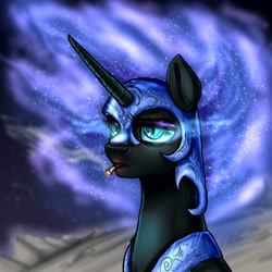 Size: 1000x1000 | Tagged: safe, artist:not-ordinary-pony, derpibooru original, character:nightmare moon, character:princess luna, species:alicorn, species:pony, cigarette, ethereal mane, female, mare, moon, redraw, smoking, solo