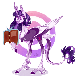 Size: 1914x1894 | Tagged: safe, artist:manella-art, character:twilight sparkle, character:twilight sparkle (alicorn), species:alicorn, species:classical unicorn, species:pony, species:unicorn, abstract background, alternate design, book, cloven hooves, curved horn, female, horn, leonine tail, solo, unshorn fetlocks