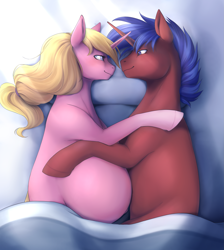Size: 2593x2893 | Tagged: safe, artist:nsfwbonbon, oc, oc only, oc:scarlett, oc:starbolt, species:pony, species:unicorn, bed, belly, belly button, blanket, eye contact, female, hairband, looking at each other, male, mare, oc x oc, outie belly button, pregnant, romantic, shipping, stallion, straight