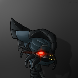 Size: 2000x2000 | Tagged: safe, artist:shido-tara, oc, oc only, species:pony, android, bust, crossover, darkness, glowing eyes, gray background, mass effect, ponified, portrait, reapers, red eyes, simple background, solo, watching in camera