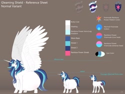 Size: 2048x1536 | Tagged: safe, artist:nsfwbonbon, character:shining armor, species:alicorn, species:pony, species:unicorn, g4, alicornified, alternate cutie mark, belly, big belly, big wings, color palette, gleaming shield, hyper, hyper pregnancy, impossibly large belly, pregnant, prince shining armor, princess gleaming shield, race swap, raised wings, reference sheet, rule 63, size difference, wings