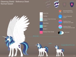 Size: 2048x1536 | Tagged: safe, alternate version, artist:nsfwbonbon, character:shining armor, species:alicorn, species:pony, species:unicorn, g4, alicornified, alternate cutie mark, big wings, color palette, gleaming shield, prince shining armor, princess gleaming shield, race swap, raised wings, reference sheet, rule 63, size difference, wings