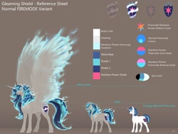 Size: 2048x1536 | Tagged: safe, alternate version, artist:nsfwbonbon, character:shining armor, species:alicorn, species:pony, species:unicorn, g4, alicornified, alternate cutie mark, big wings, color palette, fire, fire mode, gleaming shield, prince shining armor, princess gleaming shield, race swap, raised wings, reference sheet, rule 63, size difference, wings