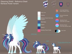 Size: 2048x1536 | Tagged: safe, alternate version, artist:nsfwbonbon, character:shining armor, species:alicorn, species:pony, species:unicorn, g4, alicornified, alternate cutie mark, big wings, color palette, gleaming shield, prince shining armor, princess gleaming shield, race swap, rainbow power, rainbow power-ified, raised wings, reference sheet, rule 63, size difference, unshorn fetlocks, wings