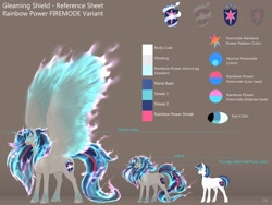 Size: 2048x1536 | Tagged: safe, alternate version, artist:nsfwbonbon, character:shining armor, species:alicorn, species:pony, species:unicorn, g4, alicornified, alternate cutie mark, big wings, color palette, fire, fire mode, gleaming shield, prince shining armor, princess gleaming shield, race swap, rainbow power, rainbow power-ified, raised wings, reference sheet, rule 63, size difference, unshorn fetlocks, wings