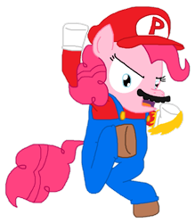 Size: 757x864 | Tagged: safe, artist:logan jones, character:pinkie pie, species:pony, angry, clothing, cosplay, costume, crossover shipping, fake moustache, female, fire, hat, let's-a go!, male, mario, mariopie, ready to fight, shipping, simple background, straight, super mario bros., super smash bros., super smash bros. ultimate, transparent background