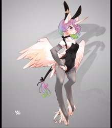 Size: 1792x2048 | Tagged: safe, artist:toki, character:princess celestia, species:alicorn, species:anthro, species:pony, species:unguligrade anthro, alternate hairstyle, arm hooves, armpits, bunny ears, bunny suit, bunnylestia, clothing, cloven hooves, female, leonine tail, leotard, mare, pantyhose, playboy bunny, short hair, solo, tail wrap, unshorn fetlocks