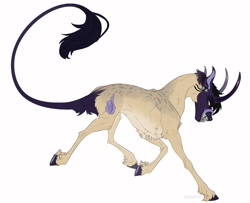 Size: 1600x1300 | Tagged: safe, artist:dementra369, oc, oc only, species:pony, demon, fangs, floppy ears, horns, leonine tail, male, running, simple background, solo, tongue out, trotting, tusk, white background