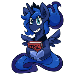 Size: 1600x1600 | Tagged: safe, artist:dracojayproduct, character:princess luna, species:alicorn, species:pony, alternate hairstyle, book, comic book, cute, ear fluff, eye clipping through hair, female, grin, lunabetes, mare, ponytail, simple background, smiling, solo, spread wings, transparent background, wings