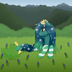 Size: 3500x3500 | Tagged: oc needed, safe, artist:starshade, oc, oc only, species:earth pony, species:pony, butterfly, clothing, commission, female, flower, flower in hair, full body, grass, mare, prone, scenery, smiling, socks, solo, starry eyes, striped socks, wingding eyes, ych result, your character here