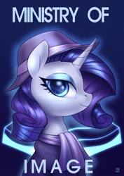 Size: 1754x2480 | Tagged: safe, artist:jedayskayvoker, part of a set, character:rarity, species:pony, species:unicorn, fallout equestria, fanfic:fallout: equestria, g4, bust, clothing, fanfic, fanfic art, female, hat, horn, mare, ministry mares, ministry of image, portrait, poster, profile, scarf, smiling, solo, text