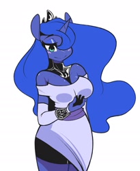 Size: 2089x2549 | Tagged: safe, artist:sourspot, character:princess luna, species:alicorn, species:anthro, adorasexy, beautiful, beautisexy, blushing, breasts, clothing, cute, digital art, dress, female, hair over one eye, lidded eyes, lunabetes, mare, pretty, sexy, simple background, smiling, solo, white background
