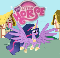 Size: 518x504 | Tagged: safe, artist:digimonlover101, edit, character:twilight sparkle, character:twilight sparkle (alicorn), species:alicorn, species:pony, episode:the last problem, g4, my little pony: friendship is magic, 1000 hours in ms paint, absurd resolution, adult, bootleg, cute, ethereal mane, female, joke, logo, logo edit, mare, my little horse, older, older twilight, op is a duck, op was bored, open mouth, ponyville, princess twilight 2.0, simple background, twiabetes