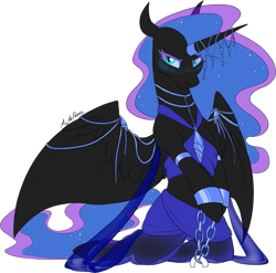 Size: 1149x1135 | Tagged: safe, alternate version, artist:mythpony, character:nightmare moon, character:princess luna, species:alicorn, species:pony, belly dancer, blushing, chains, clothing, cuffs, female, horn, horn ring, looking at you, mare, see-through, signature, simple background, slit eyes, solo, transparent background