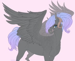 Size: 1600x1300 | Tagged: safe, artist:dementra369, oc, oc only, species:pegasus, species:pony, female, horns, mare, ponytail, simple background, spread wings, tongue out, wings