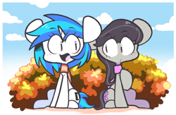 Size: 1334x869 | Tagged: safe, artist:sourspot, character:dj pon-3, character:octavia melody, character:vinyl scratch, species:earth pony, species:pony, species:unicorn, autumn, chibi, clothing, duo, female, mare, scarf