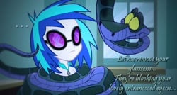Size: 1222x654 | Tagged: safe, artist:snakeythingy, character:dj pon-3, character:vinyl scratch, my little pony:equestria girls, ..., blank expression, canterlot high, classroom, clothing, coiling, coils, cute, disney, female, glasses, hypno eyes, kaa, kaa eyes, mind control, peril, snake, solo, story included, swirly eyes, text