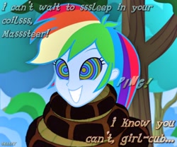 Size: 900x750 | Tagged: safe, artist:snakeythingy, character:rainbow dash, my little pony:equestria girls, coiling, coils, disney, excited, female, hypno eyes, kaa, kaa eyes, master, mind control, smiling, snake, solo, swirly eyes, text