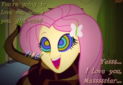Size: 1050x730 | Tagged: safe, artist:snakeythingy, character:fluttershy, my little pony:equestria girls, barrette, canterlot high, coiling, coils, cute, disney, excited, female, hallway, happy, hypno eyes, kaa, kaa eyes, massage, master, mind control, open mouth, peril, shyabetes, snake tail, solo, story included, text