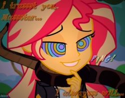 Size: 900x710 | Tagged: safe, artist:snakeythingy, character:sunset shimmer, equestria girls:friendship games, g4, my little pony: equestria girls, my little pony:equestria girls, clothing, coils, cute, dress, female, hypno eyes, implied kaa, jacket, kaa, kaa eyes, leather jacket, lidded eyes, master, mind control, peril, shimmerbetes, smiling, solo, story included
