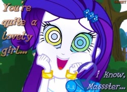 Size: 400x291 | Tagged: safe, artist:snakeythingy, character:rarity, equestria girls:friendship games, g4, my little pony: equestria girls, my little pony:equestria girls, adorable face, barrette, bracelet, clothing, cute, disney, dress, female, hissing, hypno eyes, implied kaa, jewelry, kaa, kaa eyes, master, mind control, offscreen character, peril, raribetes, solo, story included, text, tree