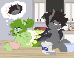 Size: 3000x2350 | Tagged: safe, artist:liefsong, oc, oc only, oc:lief, oc:windwalker, species:bat pony, species:hippogriff, baking, bat pony oc, blushing, cake, couple, cute, duo, flour, food, hippogriff oc, shipping, whisk, wief